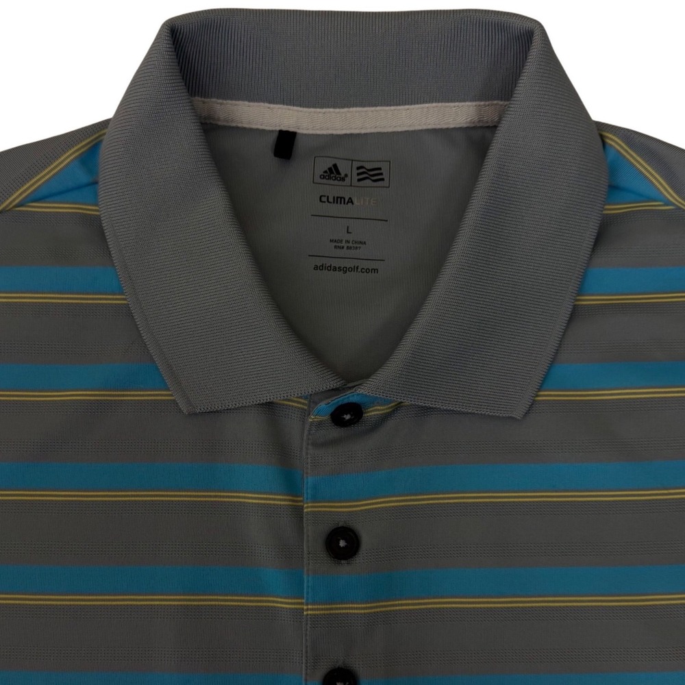 Adidas Golf Polo Mens Large Grey Turquoise Blue Striped Climalite X22529